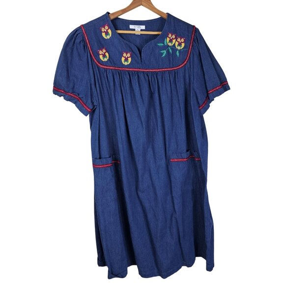 Go Softly Patio Dress XL Blue Owl Embroidered Short Sleeve Pockets Cottagecore - Picture 1 of 9